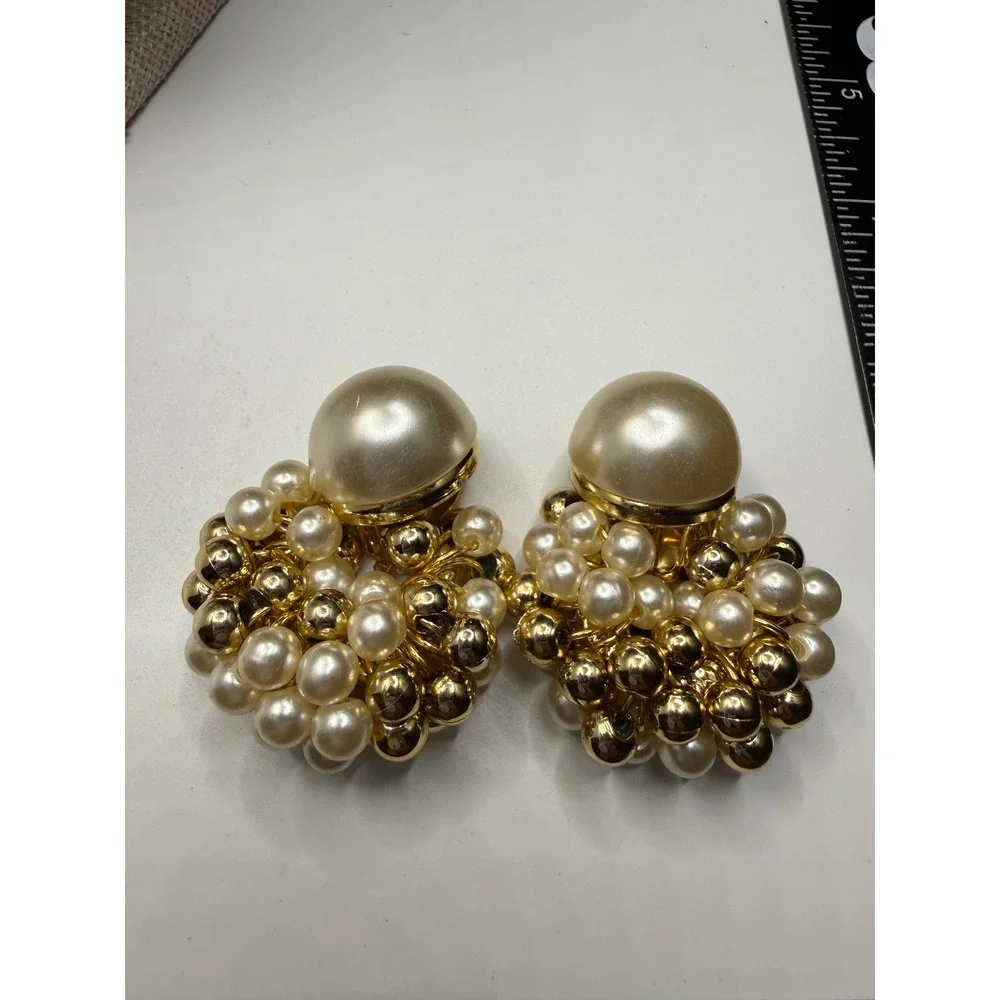 Vintage Faux Pearl Gold Tone Cluster Clip On Earrings Statement Door Knocker